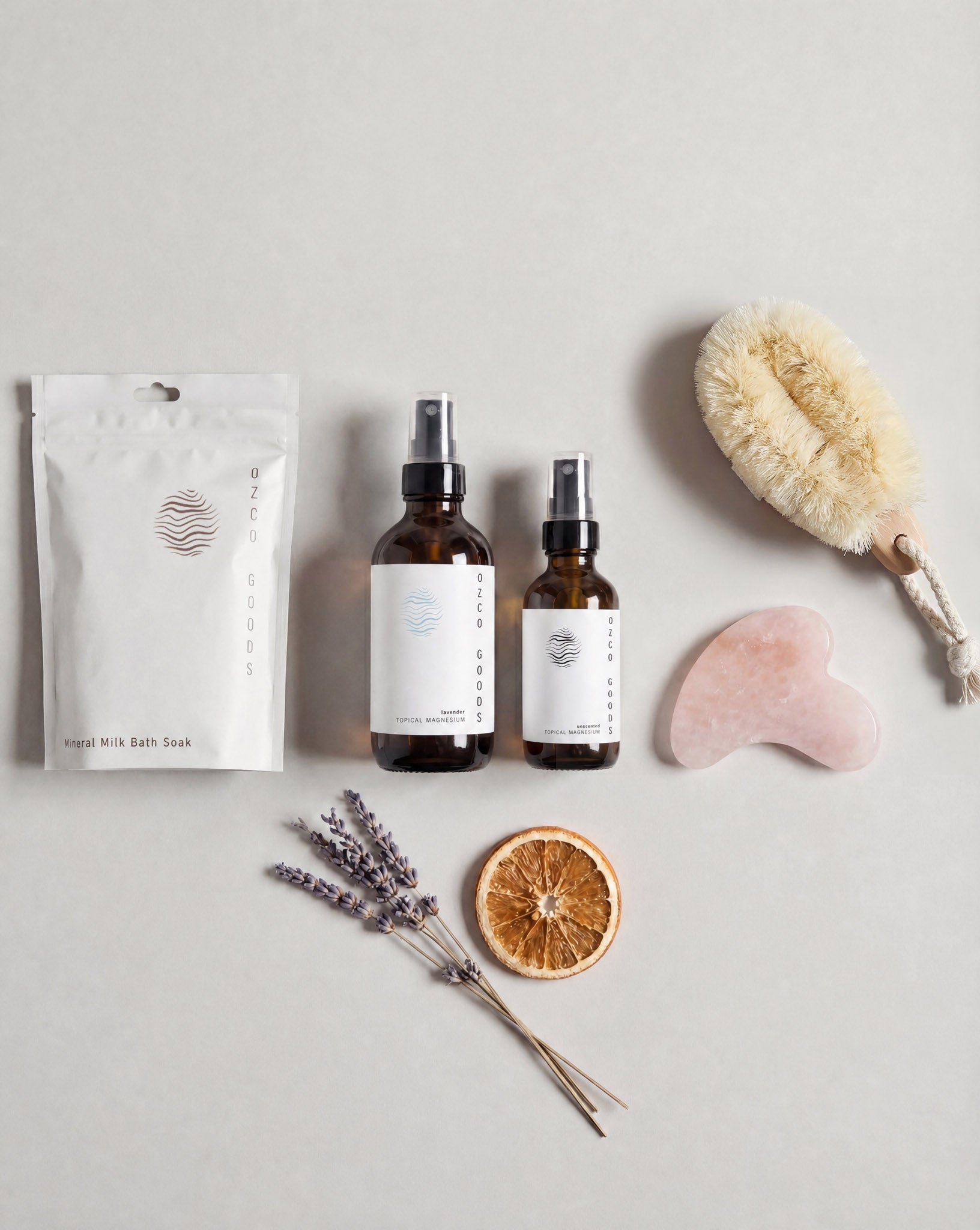 ozco goods Skincare products and tools on a neutral background