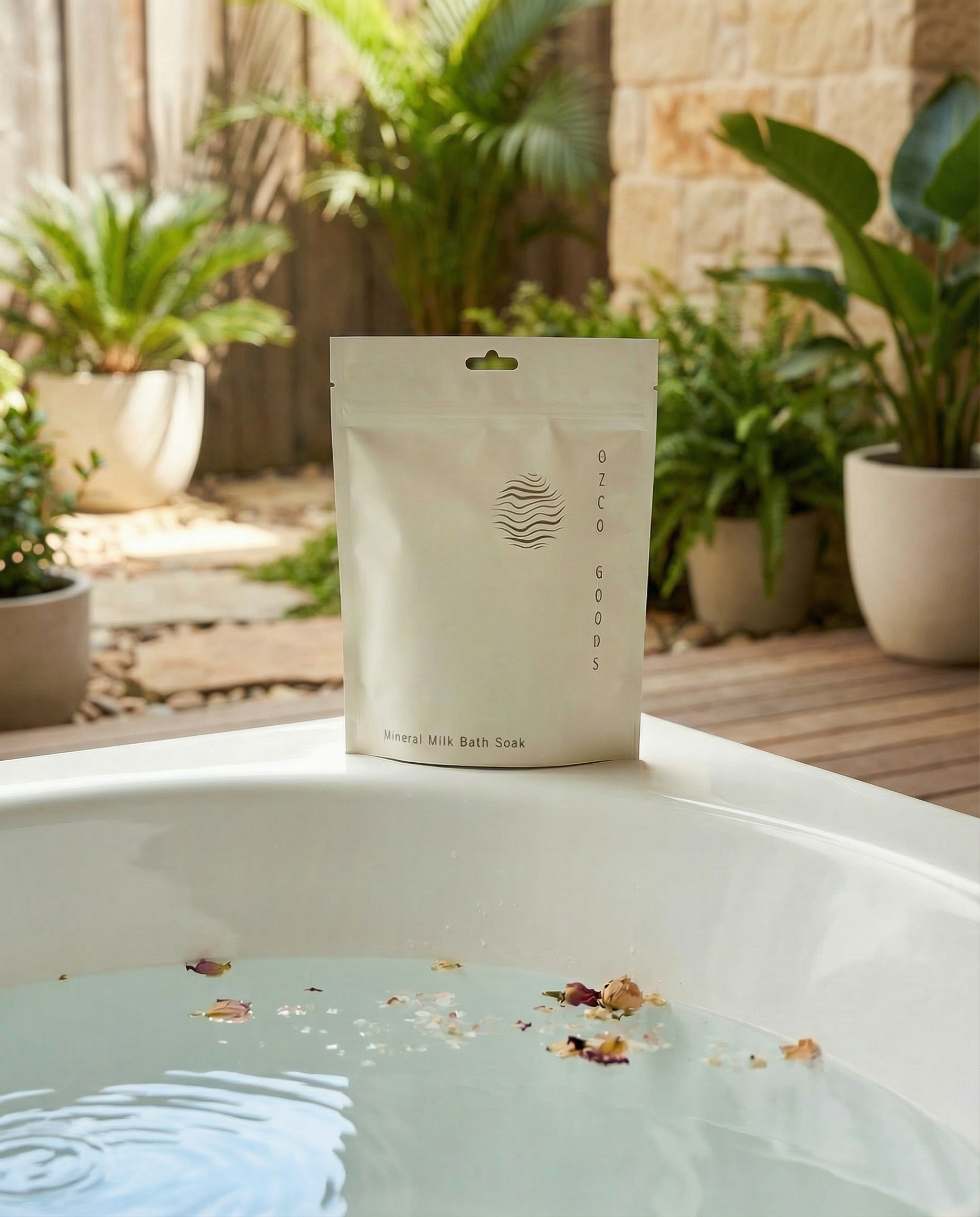 Ozco Goods Mineral Milk Bath Soak on a bathtub with plants in the background