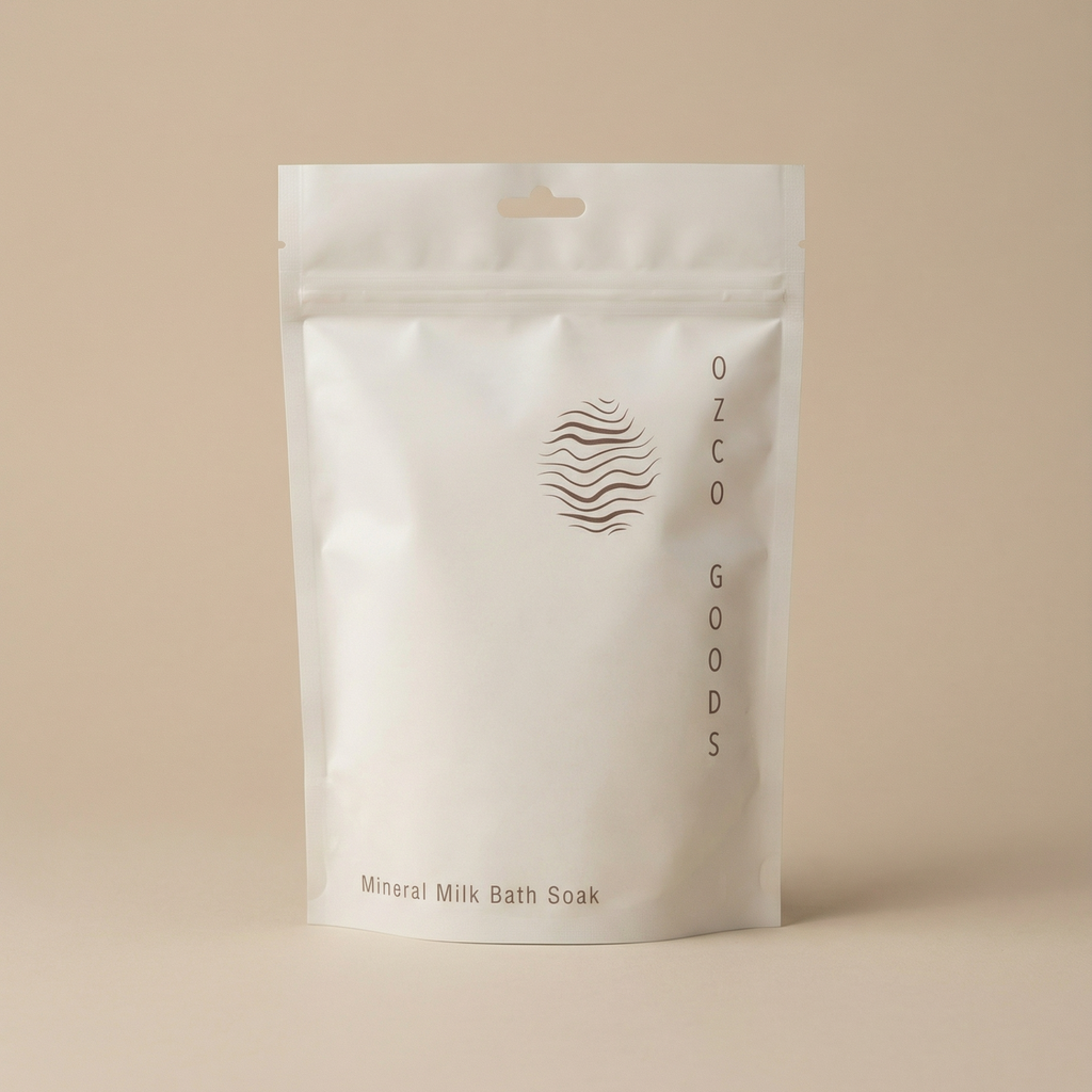 Ozco Goods Mineral Milk Bath Soak on a beige background