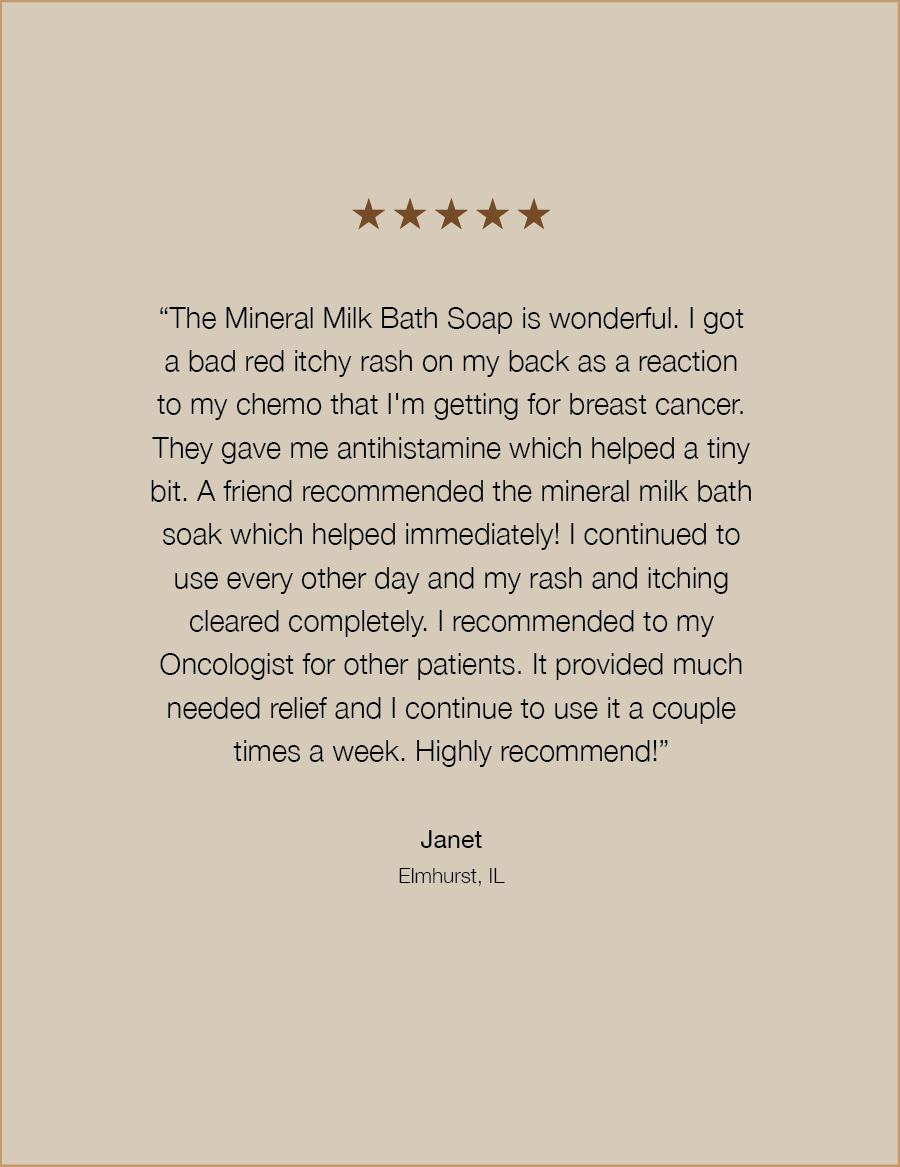 Five-star review for Mineral Milk Bath Soap on a beige background