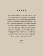 Five-star review for Mineral Milk Bath Soap on a beige background