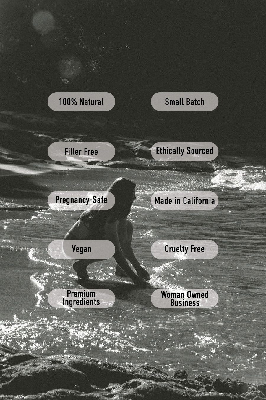 Person sitting on a beach with product feature labels overlaid