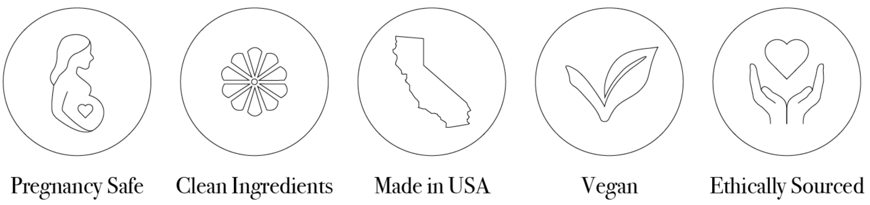 Set of icons representing pregnancy safety, clean ingredients, Made in USA, vegan, and ethically sourced products.